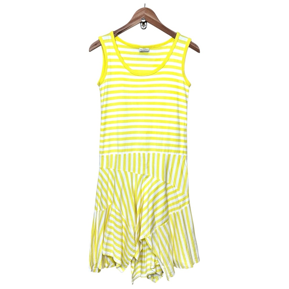 Vintage Y2K Marimekko Striped Dress Size XS Handkerchief Hem Yellow White